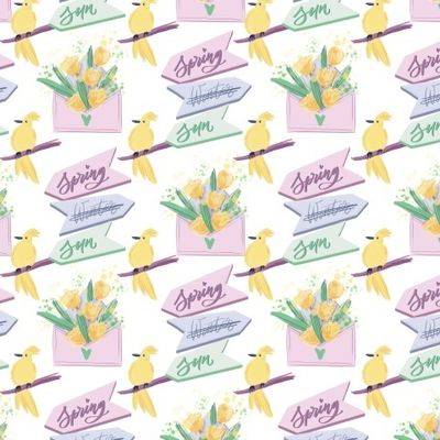 Нежная весна с конвертом, цветами, желтой птицей