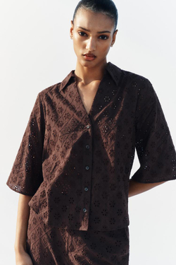 ZARA РУБАШКА С АЖУРНОЙ ВЫШИВКОЙ, КОРИЧНЕВЫЙ