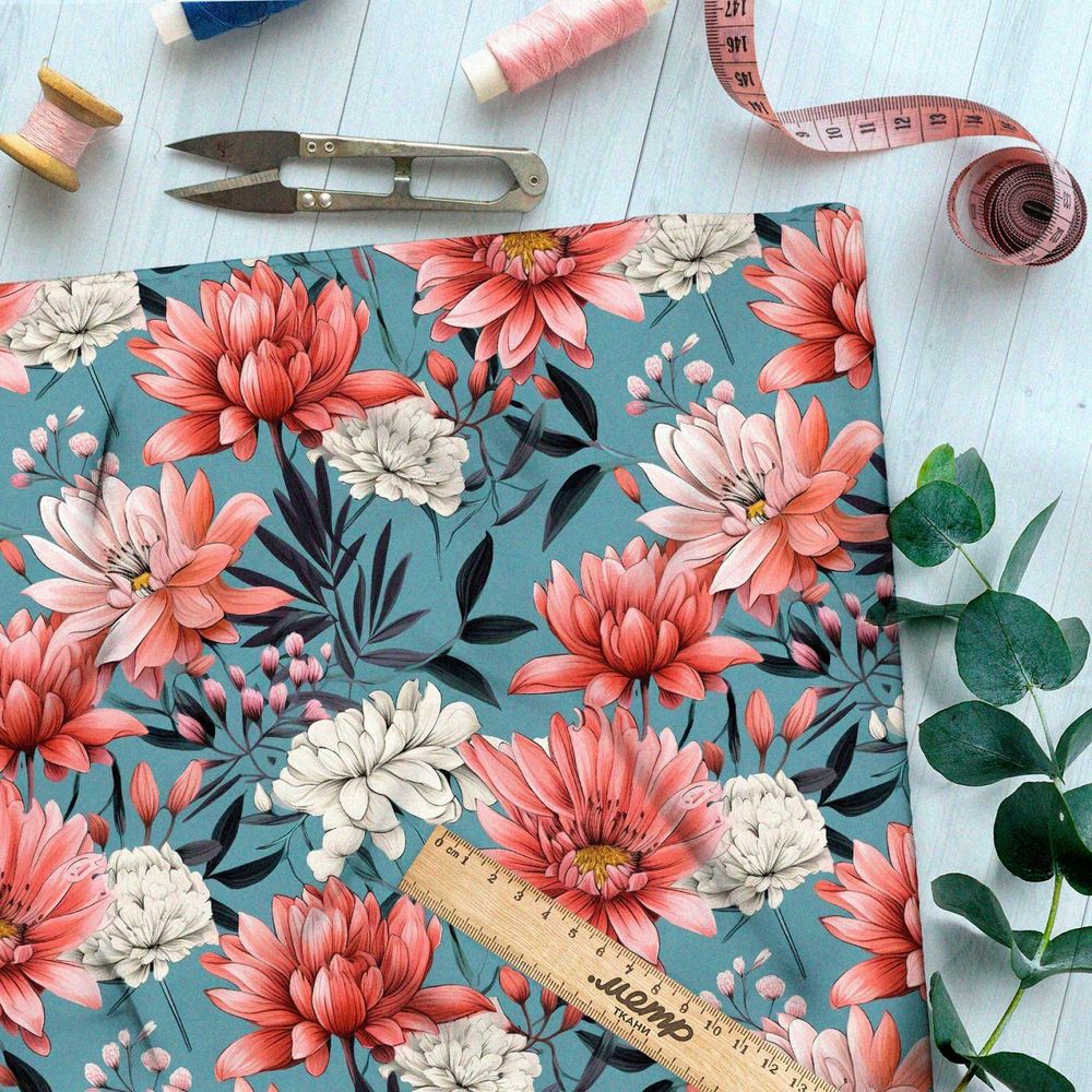 Ткань Барби цветы на темно-голубом