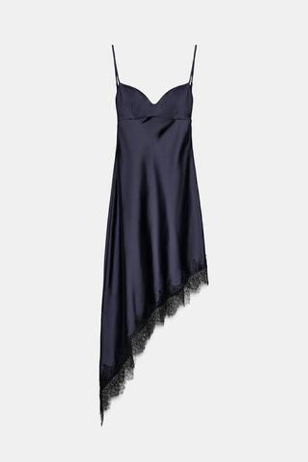 ZARA АТЛАСНОЕ АСИММЕТРИЧНОЕ ПЛАТЬЕ С КРУЖЕВОМ, МОРСКОЙ СИНИЙ