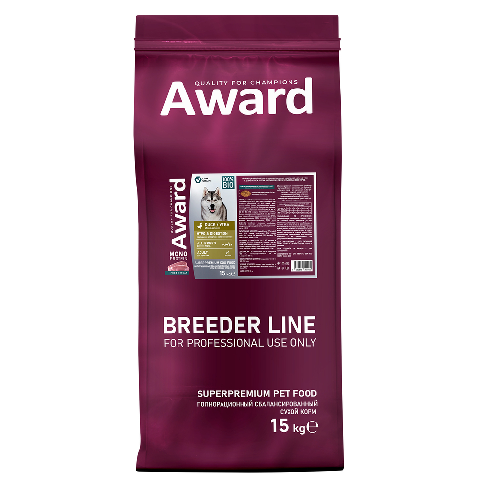 Сухой корм AWARD PFB Monoprotein для взрослых собак всех пород из утки с добавлением яблок и артишока 15кг