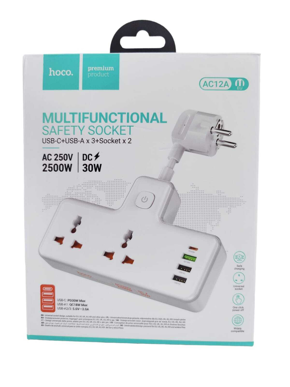 Переходник HOCO AC12A на 2 розетки + 3 USB + Type-C PD30W (белый)