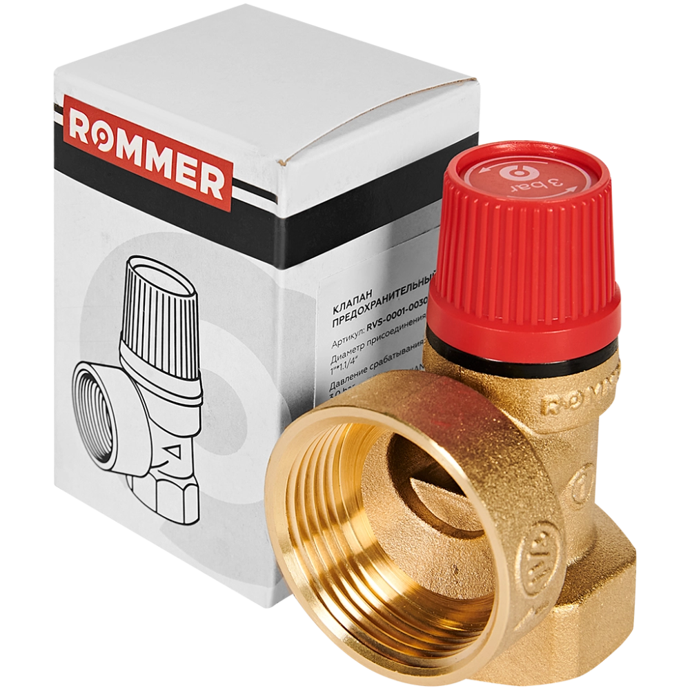 Клапан предохранительный ROMMER - 1", сброс 1 1/4" (ВР/ВР, Tmax 110°C, 3 бар)