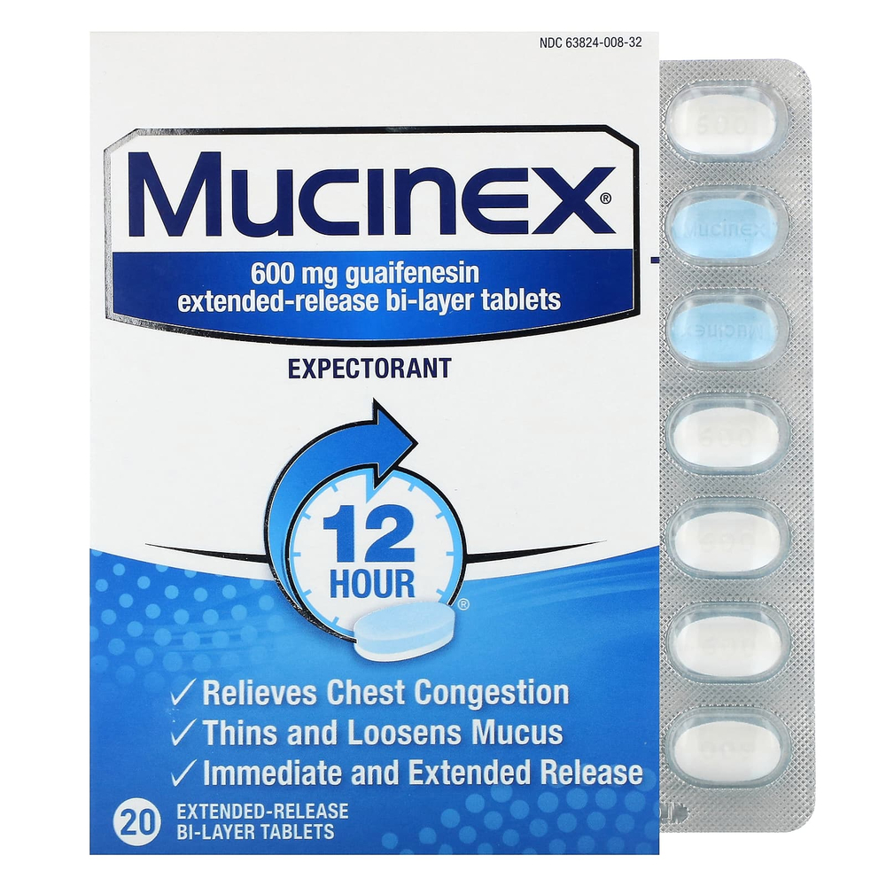 Mucinex, Муцинекс, 600 мг, 20 двухслойных таблеток с пролонгированным высвобождением