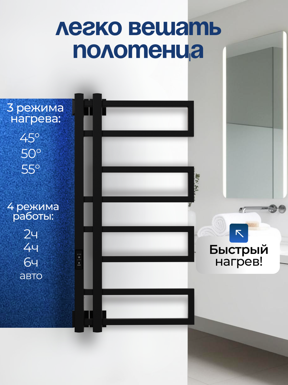 Полотенцесушитель электрический черный дизайнерский Tilos 80 х 40