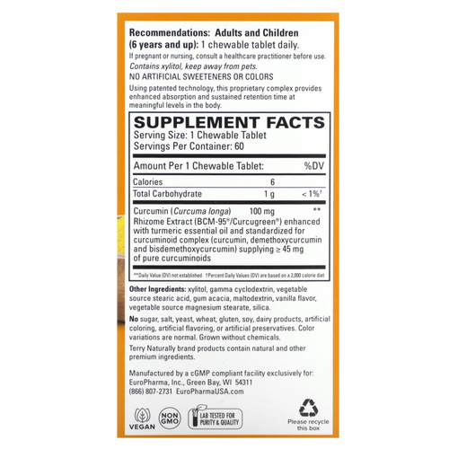 Terry Naturally, CuraMed, куркумин для превосходной усвояемости, 100 мг, 60 жевательных таблеток
