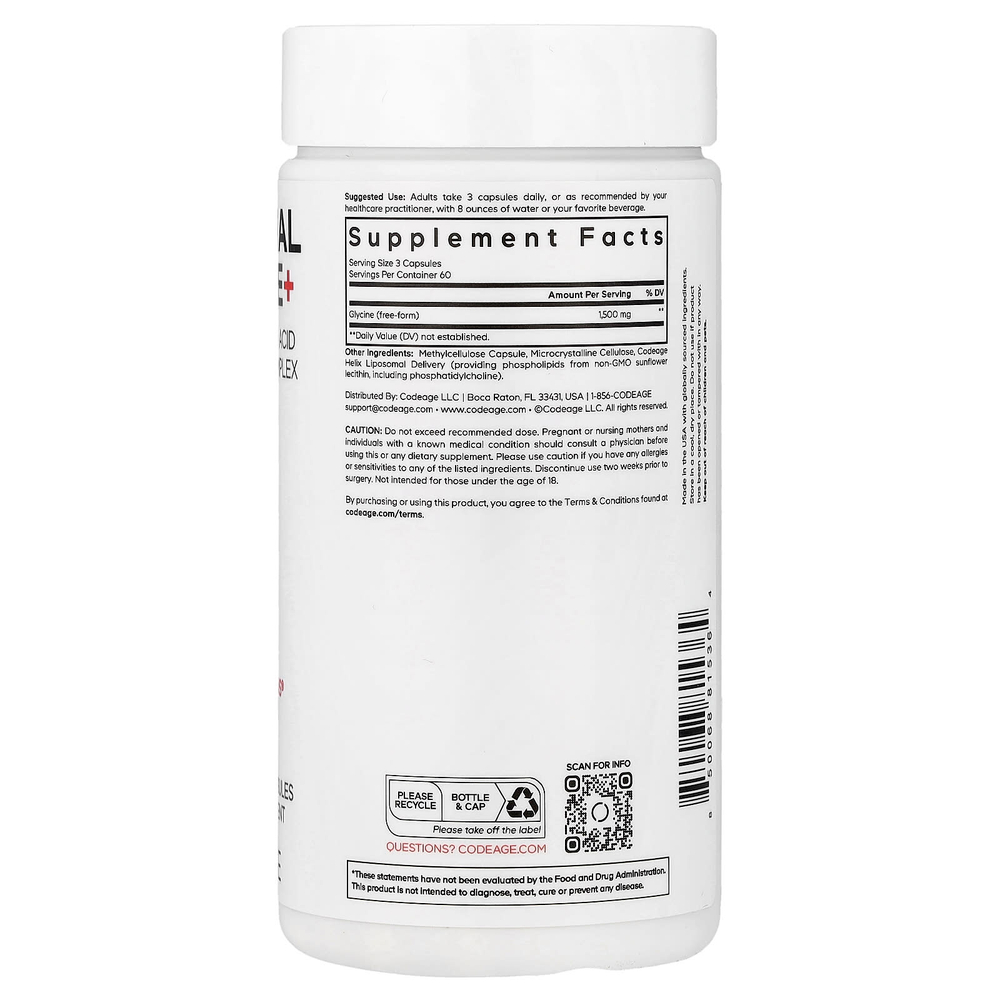 Codeage, липосомальный глицин, 180 растительных капсул (500 мг в 1 капсуле)