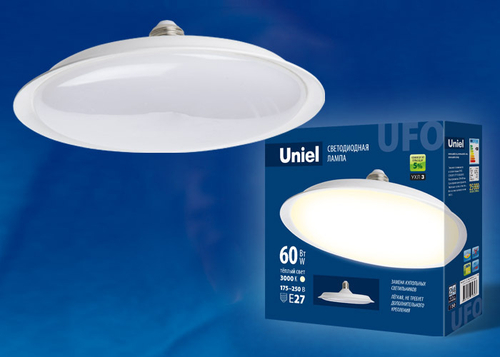 LED-U270-60W/3000K/E27/FR PLU01WH Лампа светодиодная. Форма «UFO», матовая. Теплый белый свет (3000K). Картон. ТМ Uniel