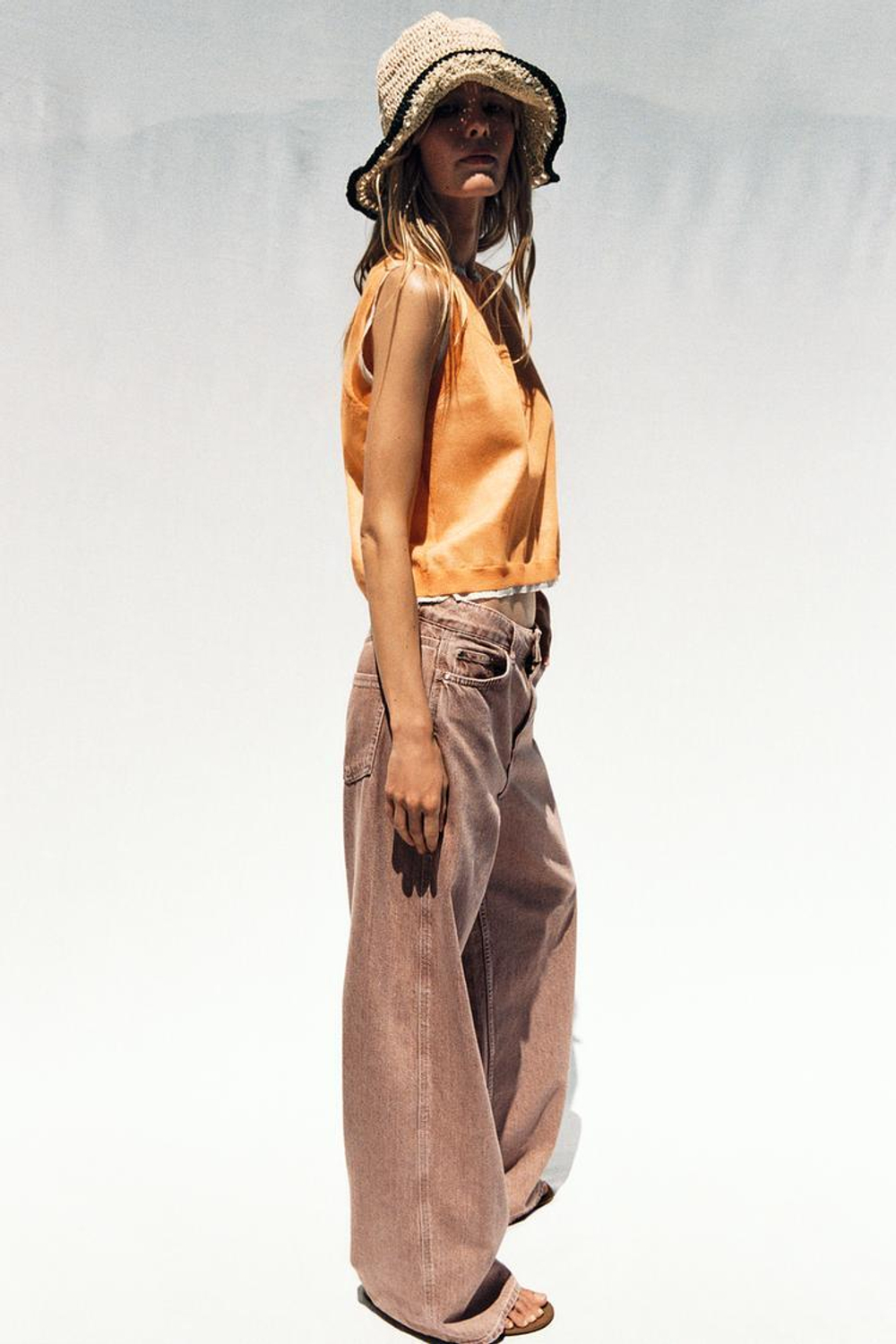 ZARA ДВУХСЛОЙНЫЙ ТРИКОТАЖНЫЙ ТОП ИЗ СМЕСОВОГО ЛЬНА, ОРАНЖЕВЫЙ