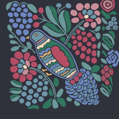 Seamless pattern with raven, symbols of the heart and flowers in blue, green,