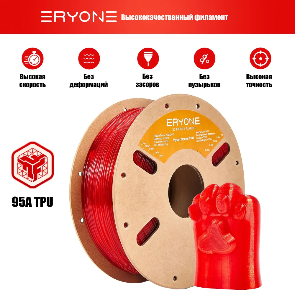 Пластик Hyper Speed TPU 1.75mm, 1KG Transparent Red (полупрозрачный красный)