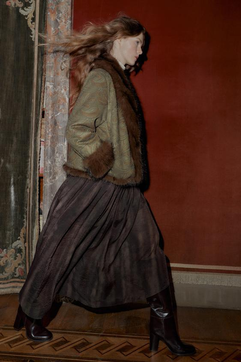 ZARA ЮБКА МИДИ С РАЗМЫТЫМ ПРИНТОМ И РЕМНЕМ, КОРИЧНЕВЫЙ/ЗЕЛЕНЫЙ