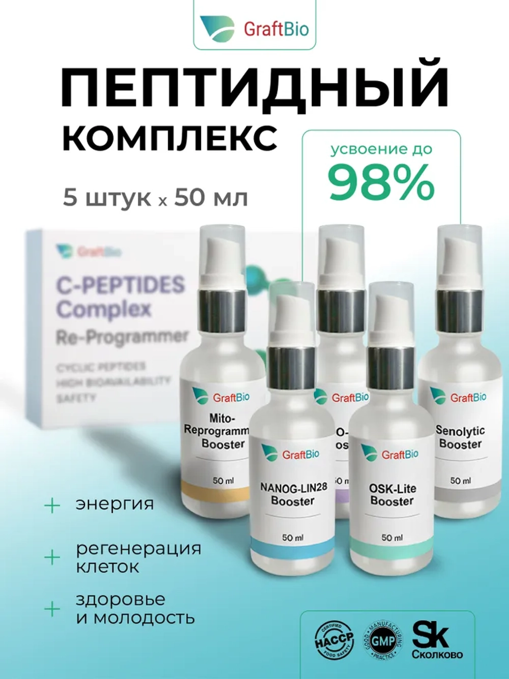 Комплекс GraftBio Пептид для поддержки молекулярных механизмов из 5 флаконов по 50 мл