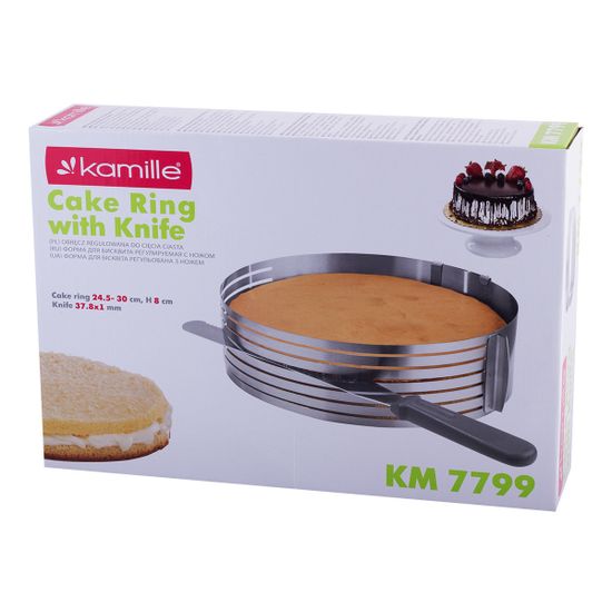 Форма-слайсер для бисквита регулируемая 24,5-30 см. Kamille KM 7799 с отверстием для нарезки и ножом