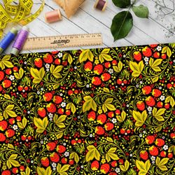 Ткань бифлекс золотая хохлома с земляникой