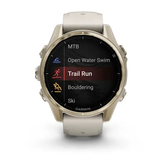 Мультиспортивные GPS часы Garmin Fenix 8S (43 mm) AMOLED, Sapphire Soft Gold with Fog Gray/Dark Sandstone Silicone Band 010-02903-11