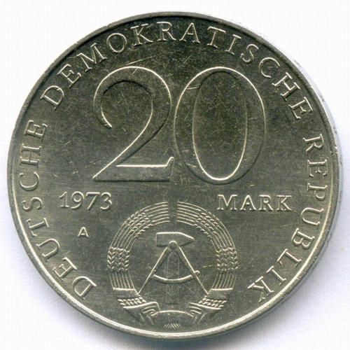 20 марок 1973 (A). Отто Гротеволь. Германия-ГДР. Диаметр 33 мм, медно-никель XF