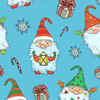 Винтажные гномы, леденцы и снежинки на голубом
