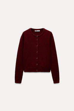 ZARA БАЗОВЫЙ КАРДИГАН ИЗ 100% ШЕРСТИ, ГРАНАТОВЫЙ