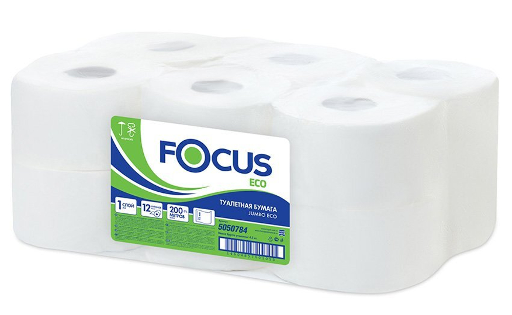Туалетная бумага Focus 1-слойная, 200 метров, белая, в упаковке 12 штук