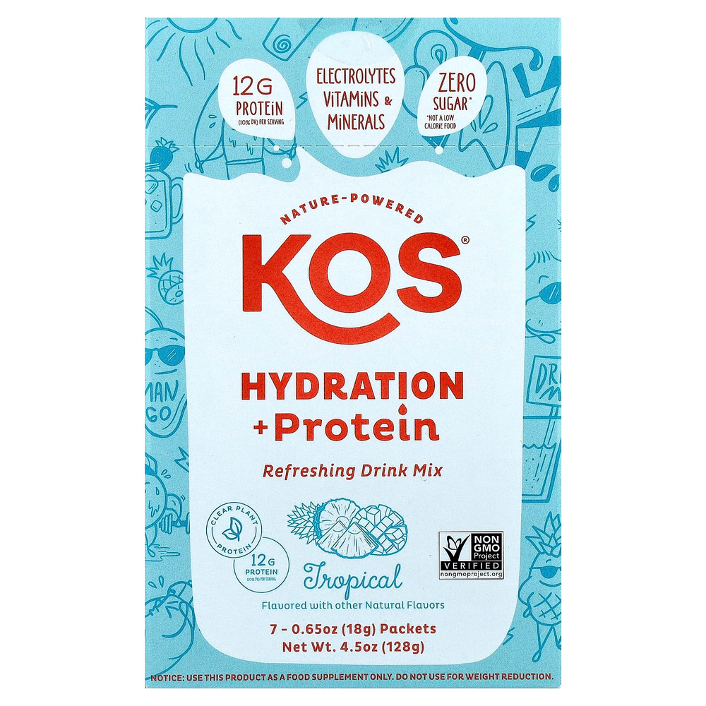 KOS, Hydration + Protein, освежающая смесь для напитков, тропические фрукты, 7 пакетиков по 18 г (0,65 унции)
