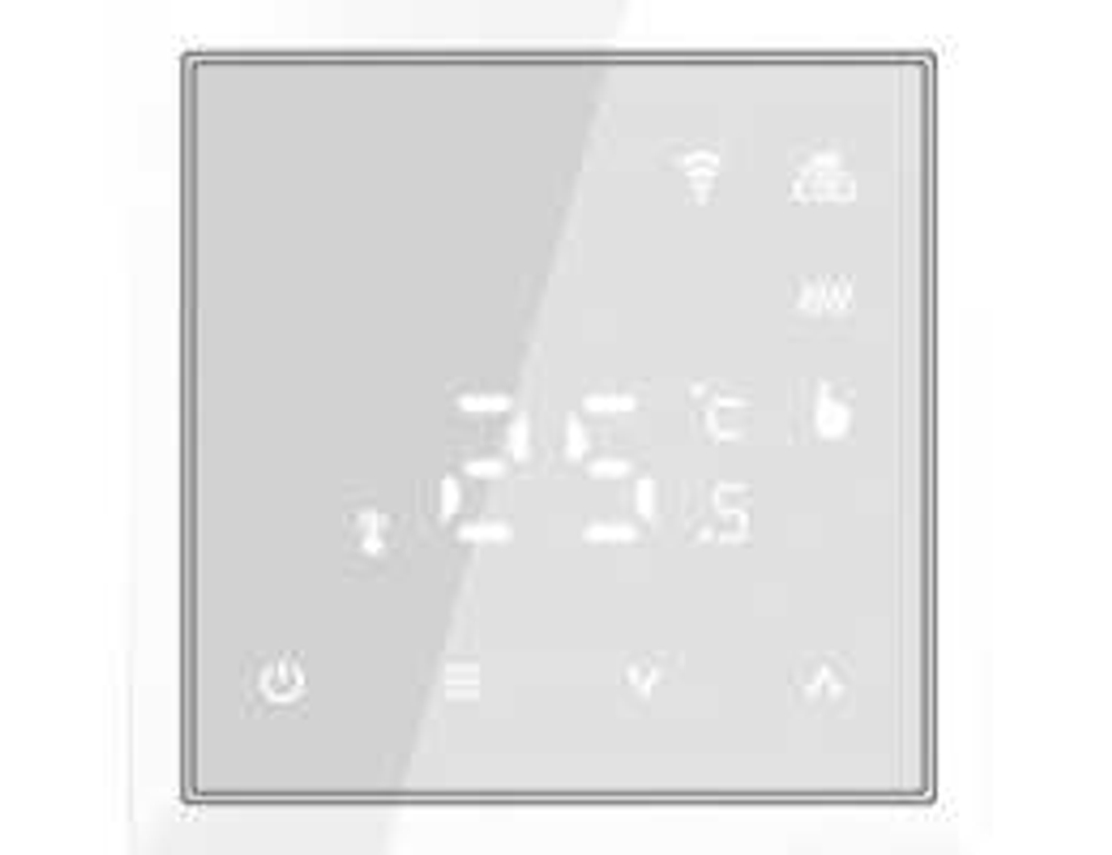 Термостат с датчиком пола программируемый через приложение,  с Wi-Fi,  16A,  размер накладки 70х70мм,  цвет стекло белое. Для установки в рамки с внутренним размером 70х70мм. Рамка в комплект поставки не входит.