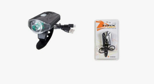 Фара TRIX передняя, 1 суперъяркий диод 0,5W, 50 lm, 3 режима, крепеж на руль, индикатор зарядки, аккумулятор, micro USB, пластик (20/100)