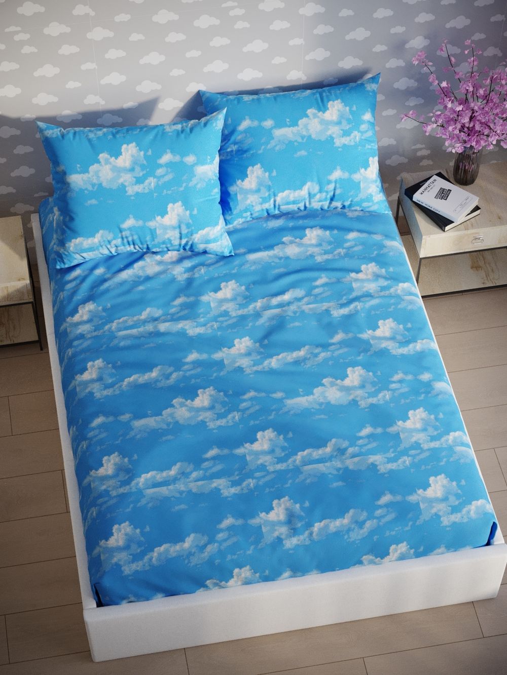 Простынь на резинке "Облака" 180х200 см  Сказка сатин