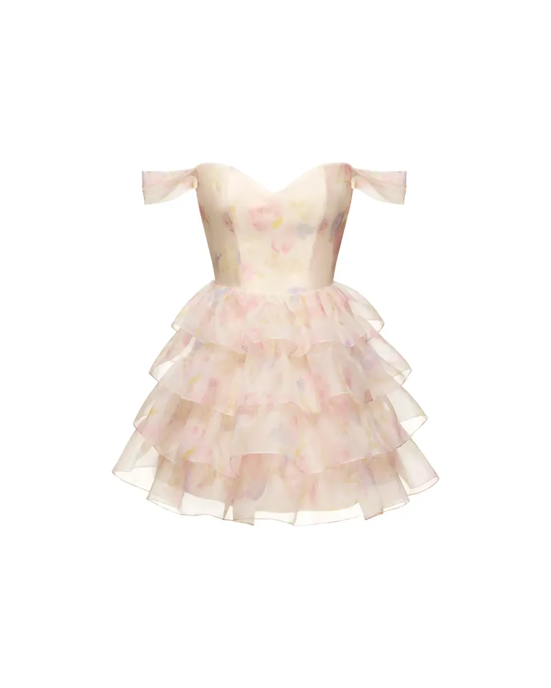 Лисен мини (Lisen mini), платье мини корсетное из молочной органзы с цветочным принтом