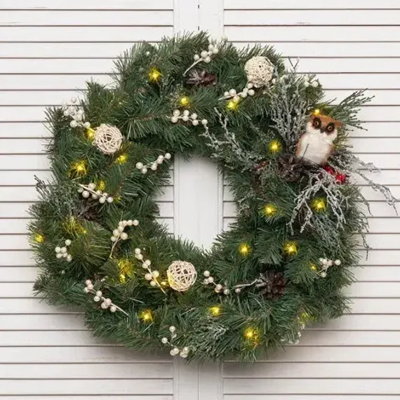 Хвойный венок Тайна леса с декором 60 см., 30 теплых-белых Led ламп, Литая хвоя+ПВХ, ЕлкиТорг (52040)