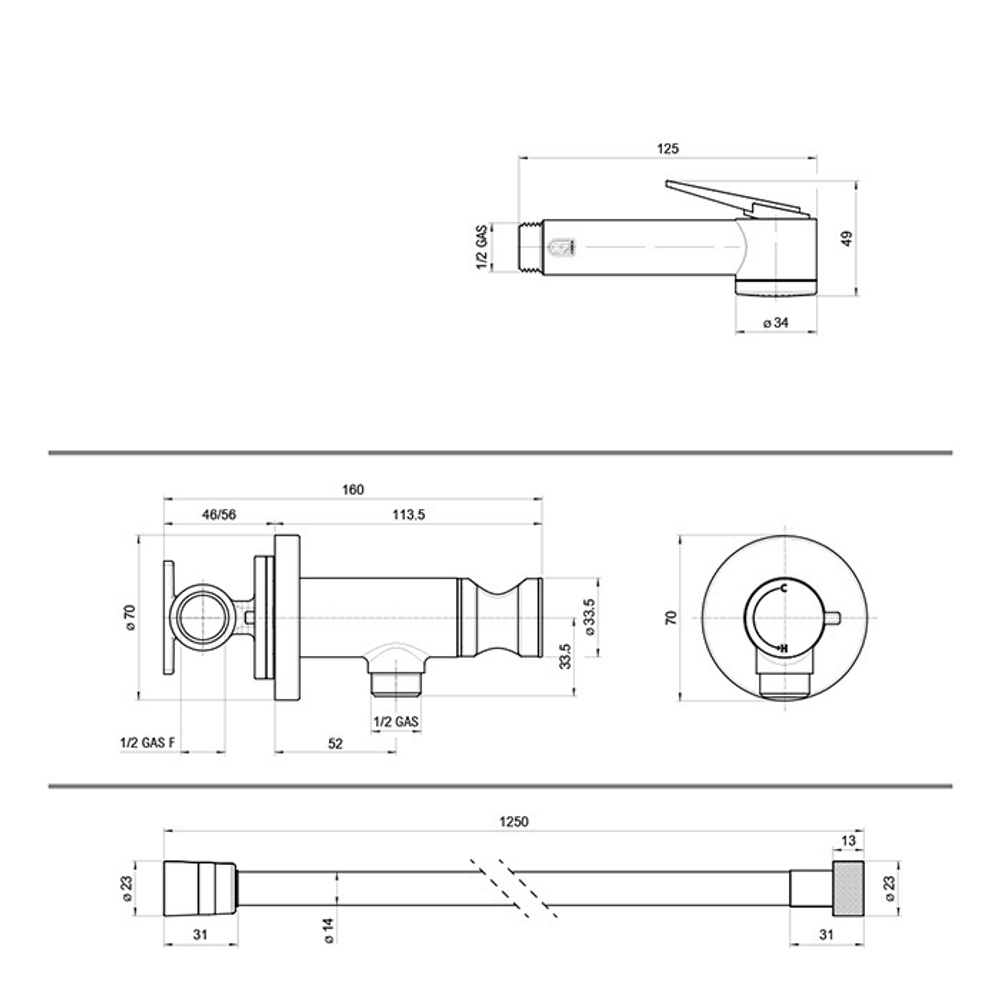 Bossini душ гигиенический: смеситель прогрессивный с лейкой из ABS клапаном подачи ABS Paloma Flat, шланг Lux 1250 мм, цвет черный матовый