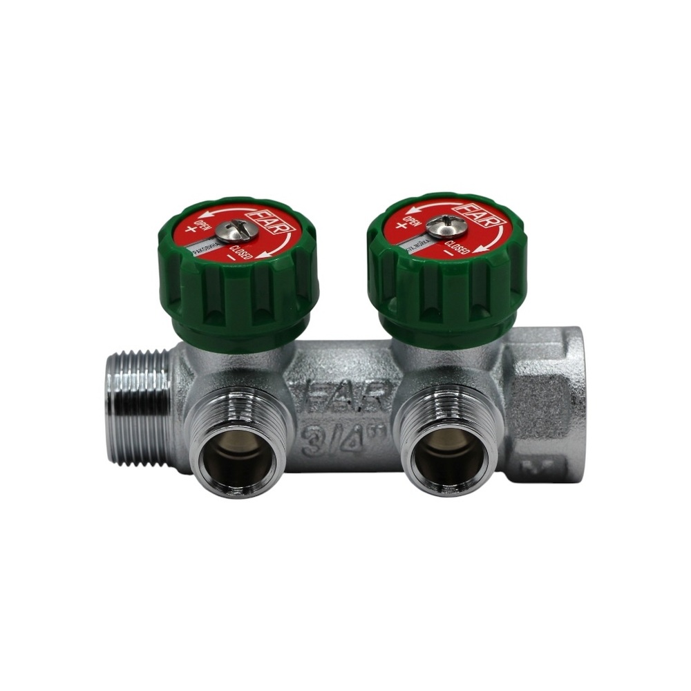 Коллектор регулирующий FAR 3/4" (ВР-НР) с 2 отв. 1/2"EU с вставкой под плоское уплотнение