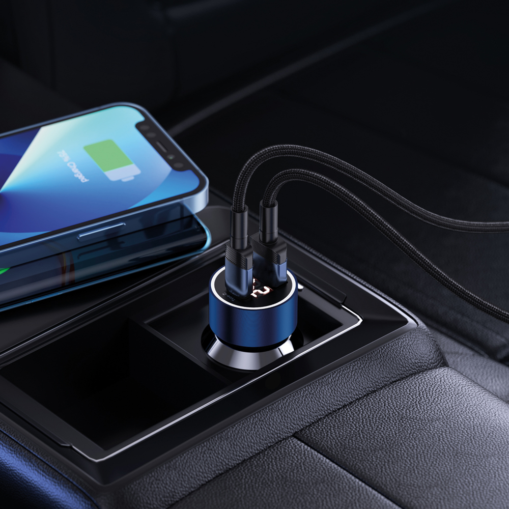 Автомобильное зарядное устройство Car Charger USB A + USB-C, PD, QC 3.0, 75W, дисплей, металл, синий