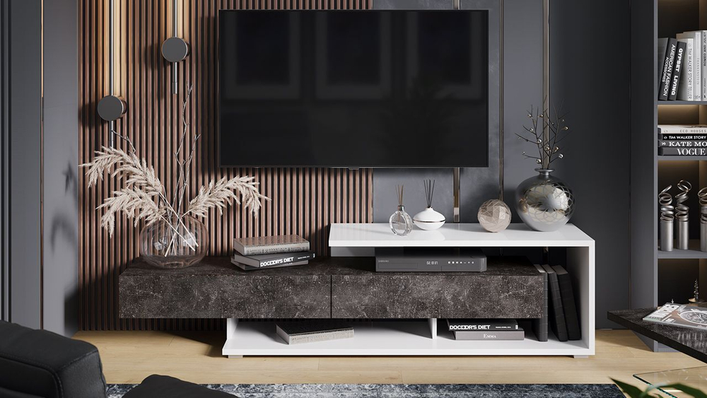 Тумба под телевизор напольная Белый/Ателье светлый глянец 177х39х45 см