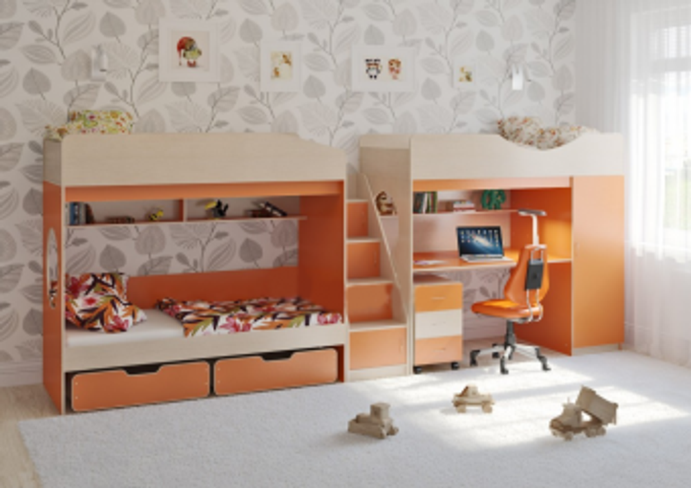 Трехъярусная кровать КарИВи Легенда 10.6  Дуб Молочный Оранжевый
