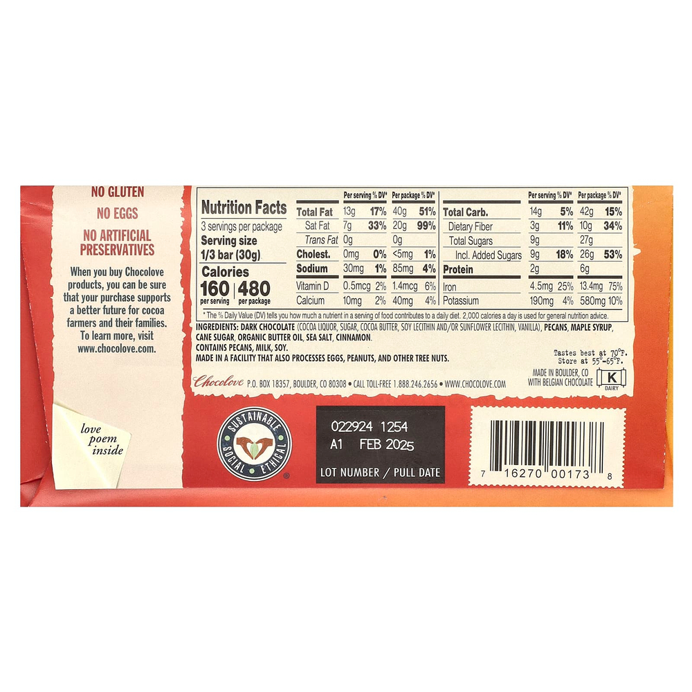 Chocolove, Соленый пекан в кленовой глазури в крепком темном шоколаде, 70% какао, 90 г (3,2 унции)