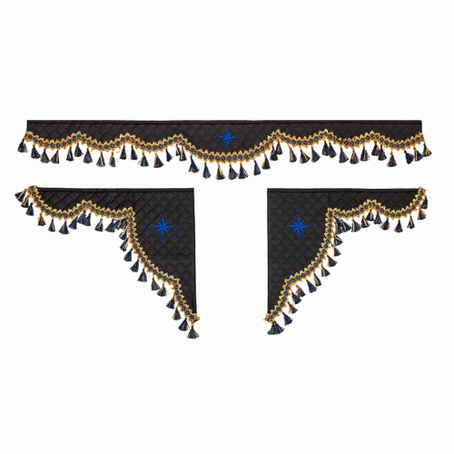 Ламбрекен 1,8м с косынками универсальные стеганые Роза Ветров (экокожа, черный, синие кисточки)