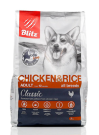 Blitz 2кг Classic Chicken&Rice Сухой корм для собак всех пород Курица и рис