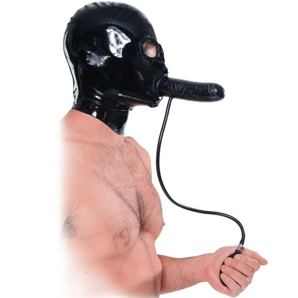 Шлем на молнии с надувным кляпом и фаллосом Fuck My Face Hood (Цвет: черный)