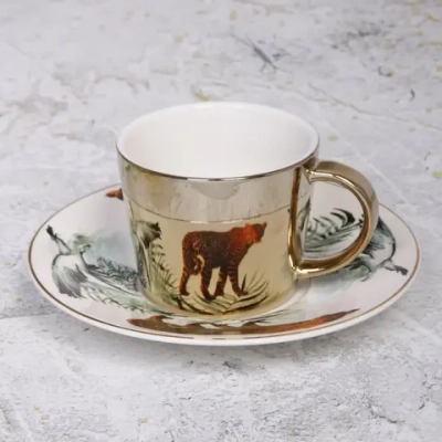 Чайная пара (зеркальная кружка 230мл+блюдце) анаморфный дизайн «Леопард»