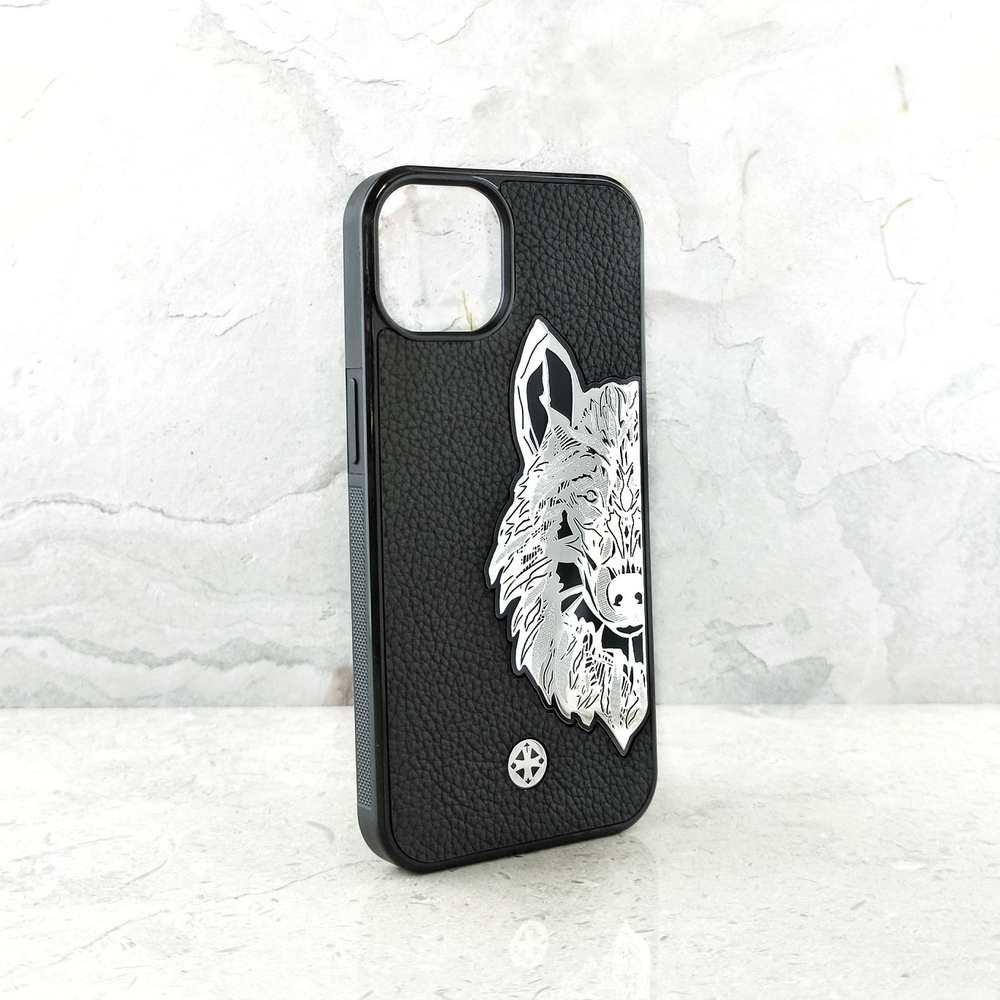 Брендовый чехол iPhone с натуральной кожей волк из металла - Euphoria HM Premium