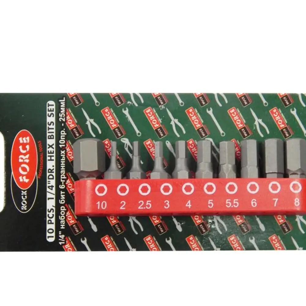 Набор бит HEX 10пр. 1/4''(Н2, 2.5, 3, 4, 5, 5.5, 6, 7, 8, 10 - 25мм),в блистере RockForce##Rock FORCE RF-21021