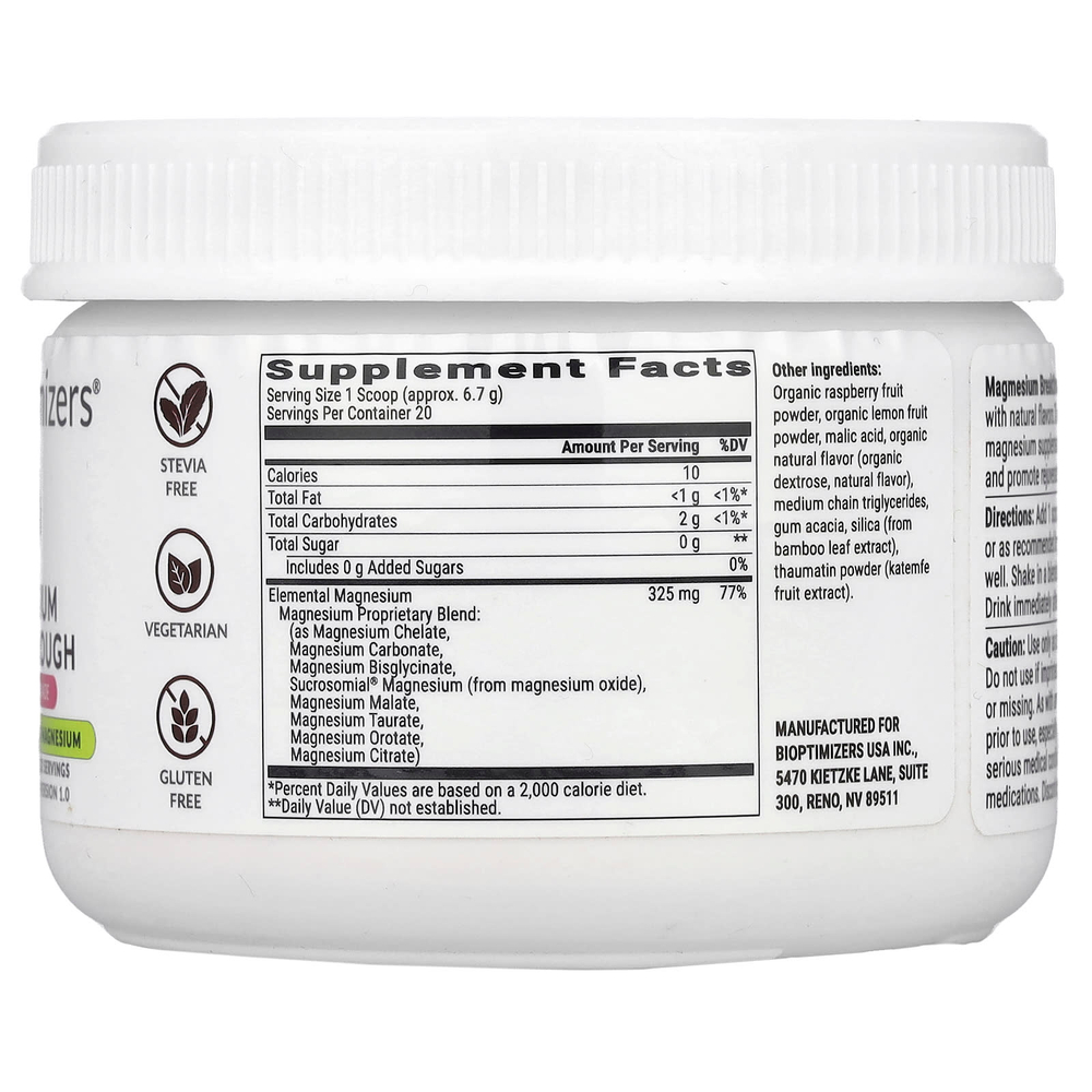 BIOptimizers, Magnesium Breakthrough, малиновый лимонад, 134 г (4,7 унции)