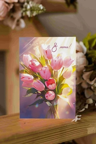 Дизайнерская открытка «С 8 марта (букет розовых тюльпанов)»
