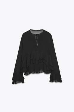 ZARA РУБАШКА С ВОЛАНАМИ — ZW COLLECTION, ТЕМНО-СЕРЫЙ