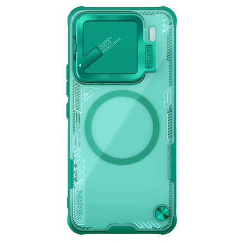 Чехол прозрачный зеленого цвета от Nillkin с металлической откидной крышкой и поддержкой магнитной беспроводной зарядки MagSafe на Xiaomi 15 Pro, серия Iceblade Prop Magnetic Case