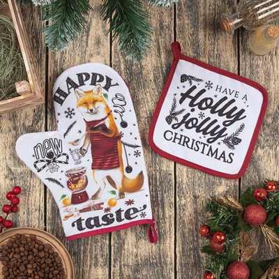 Новый год. Новогодний набор кухонный Happy new taste: варежка-прихватка 20х28см, прихватка 17х17 35% хл,65% п/э