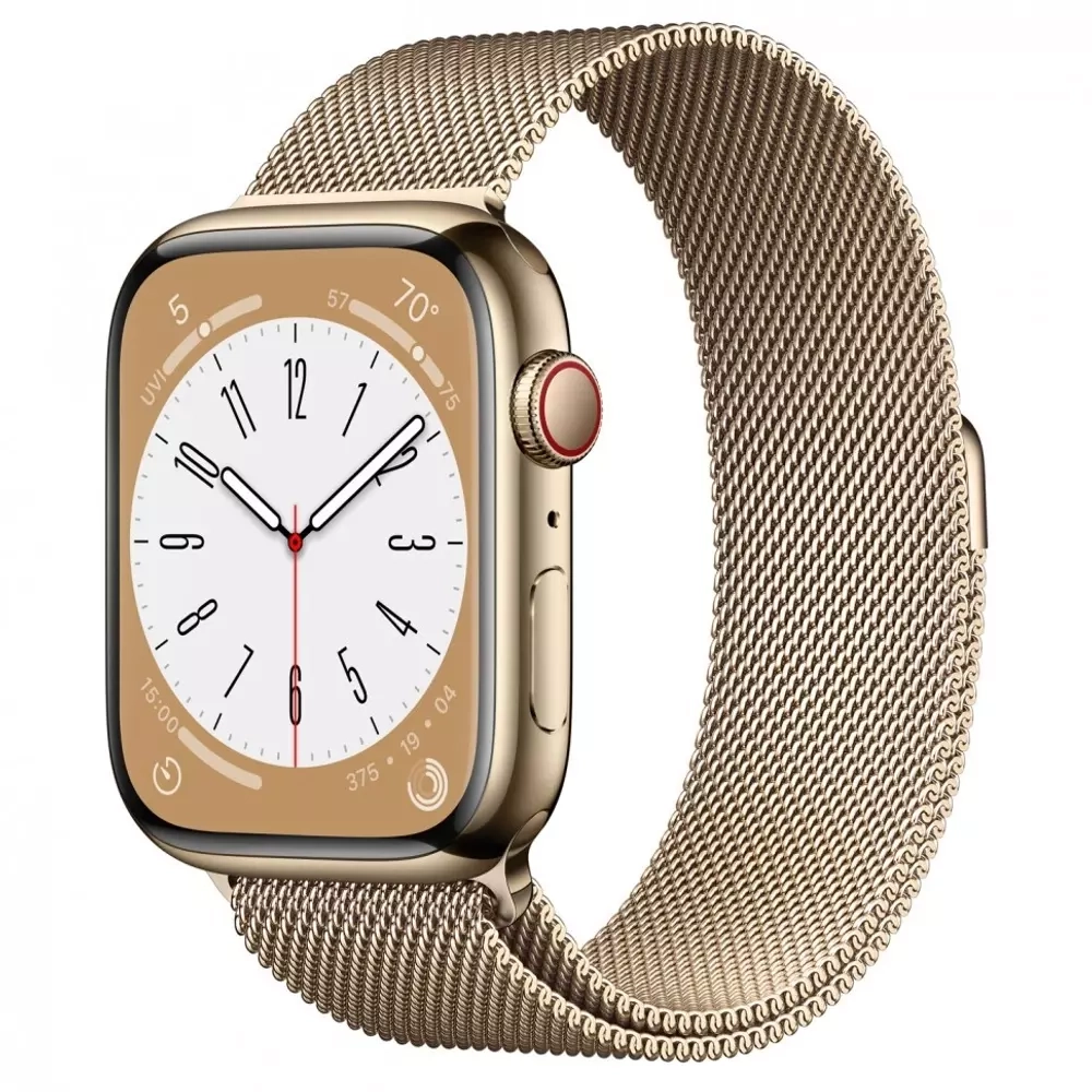 Apple Watch Series 8, 45мм, из стали золотого цвета, миланский сетчатый браслет