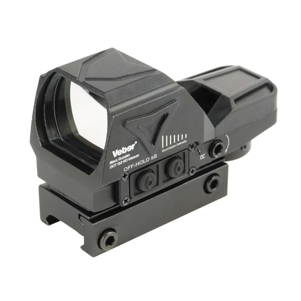 Прицел коллиматорный Veber Black Russian DOT 132 RD Weaver - вид спереди с логотипом