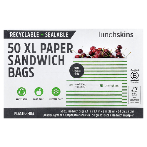 Lunchskins, бумажные пакеты для сэндвичей, размер XL, с полоской для закрывания, 50 шт.